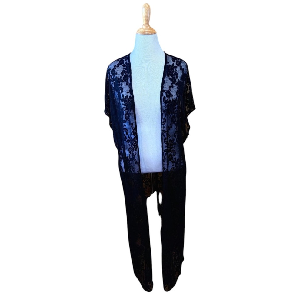 Torrid Black Floral Lace Longline Kimono Sheer Open Front Duster Size 1/2